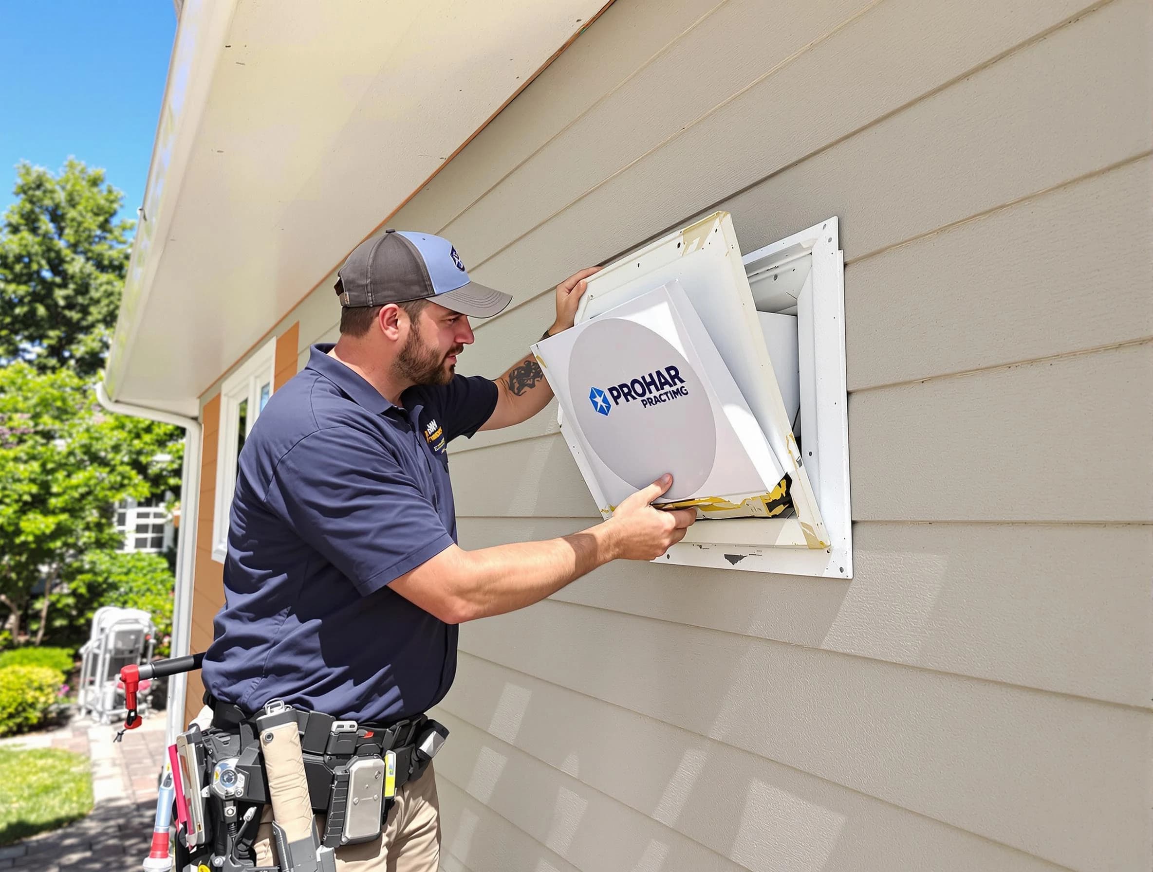 Williamsburg Dryer Vent Cleaning technician installing a new protective dryer vent cover on a home in Williamsburg