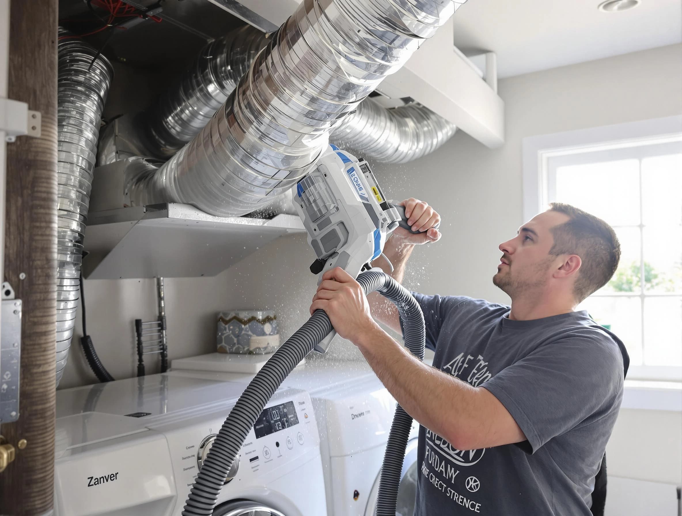 Williamsburg Dryer Vent Cleaning specialist cleaning deep within a dryer vent duct system in Williamsburg