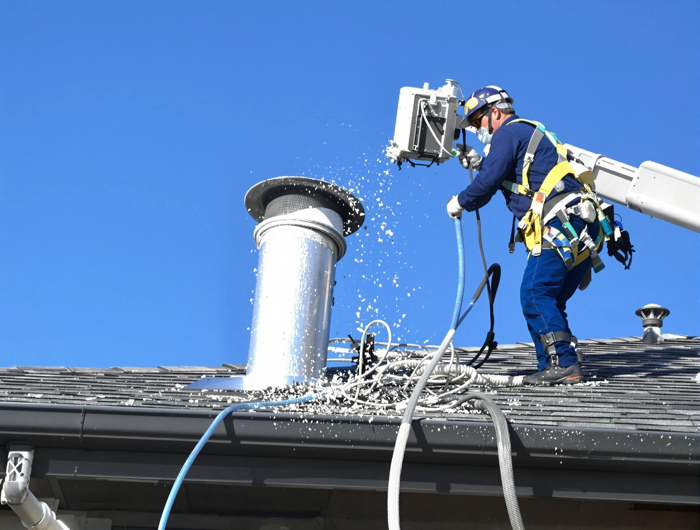 Williamsburg Dryer Vent Cleaning certified technician safely cleaning a roof-mounted dryer vent in Williamsburg