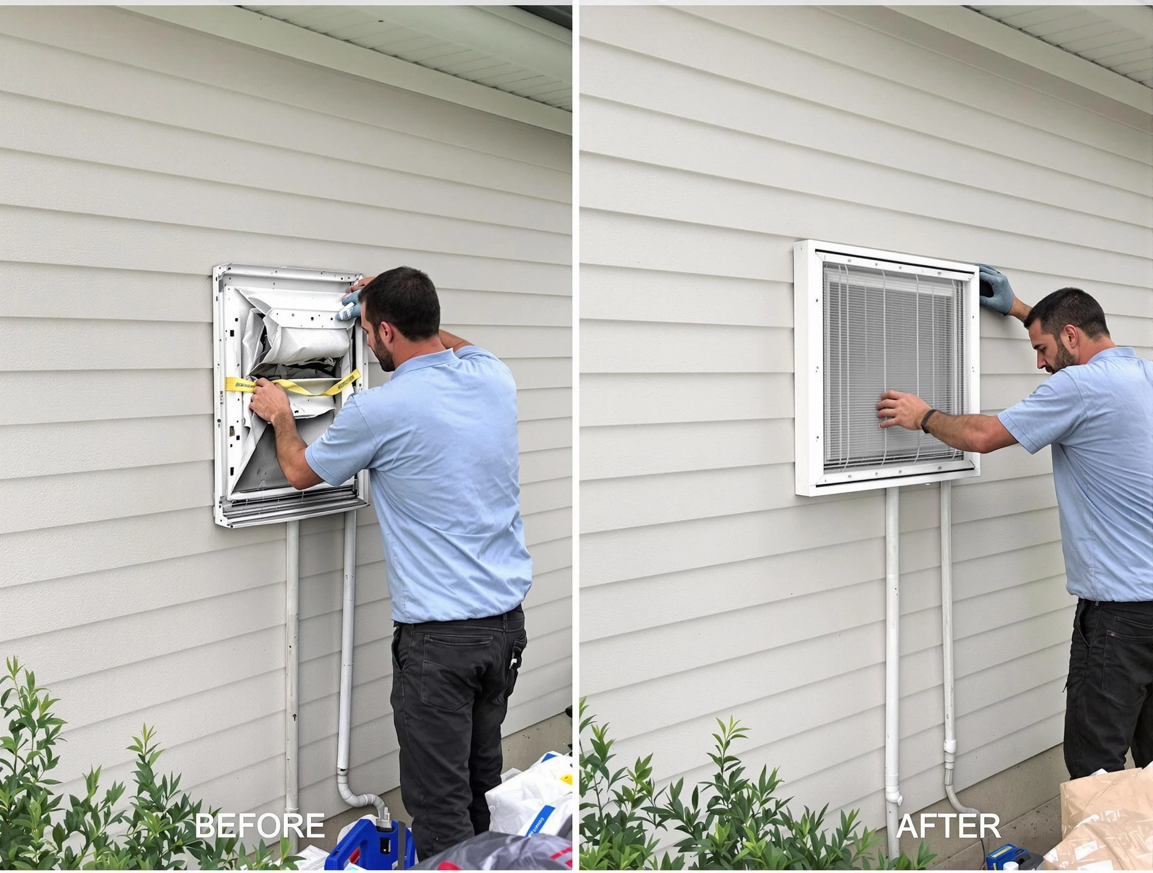 Williamsburg Dryer Vent Cleaning technician installing high-quality dryer vent cover at a residential property in Williamsburg